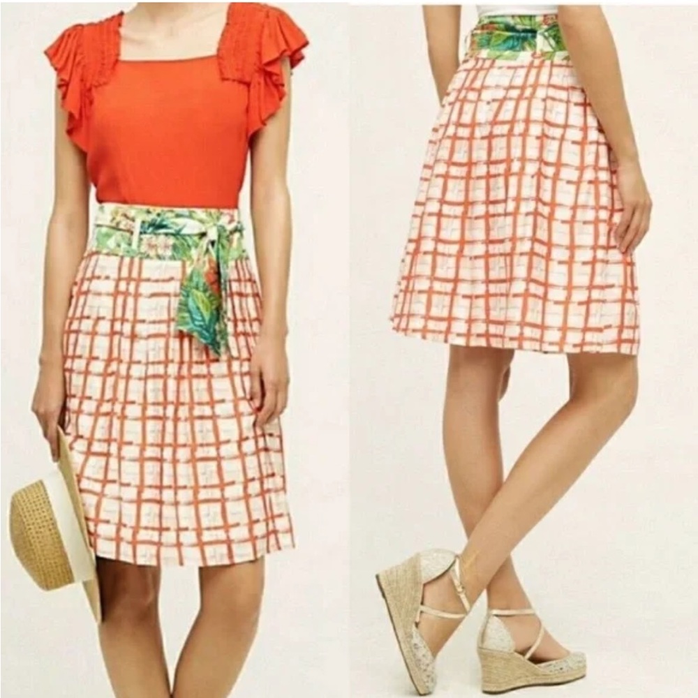 Anthropologie Coral Grid A-Line Skirt with Tropical Waist Tie